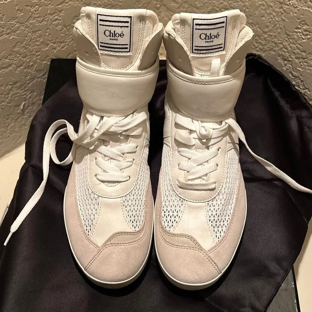 Chloe Women’s Size 41 Kick Leather & Mesh High Top Sneaker Cloudy Cream NEW
